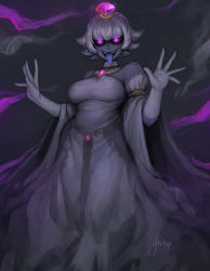 Rule 34 | 1girl, :d, artist name, bare shoulders, black sclera, blue tongue, blunt bangs, breasts, brooch, colored sclera, colored skin, colored tongue, commentary, crown, detached sleeves, dress, elbow gloves, english commentary, gloves, glowing, glowing eyes, grey skin, hands up, highres, jewelry, looking at viewer, luigi&#039;s mansion, mario (series), matilda fiship, medium breasts, new super mario bros. u deluxe, nintendo, open mouth, princess king boo, purple eyes, sharp teeth, short hair, signature, smile, solo, super crown, teeth, tongue, tongue out, white dress, white gloves, white hair, wide sleeves