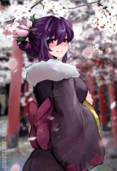 Rule 34 | 1girl, absurdres, artist name, bow, braid, breasts, butterflan01, cherry blossoms, clothed breasts, doki doki literature club, flower, fur trim, hair between eyes, hair flower, hair ornament, hairclip, highres, japanese clothes, kimono, large breasts, looking at viewer, lotus, new year, petals, purple eyes, purple hair, sakura petals, smile, solo, torii, yuri (doki doki literature club)
