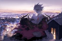 Rule 34 | 1boy, blue eyes, bodysuit, cape, cat, cityscape, collar, fate/apocrypha, fate (series), fur cape, karna (fate), male focus, mchi, sitting, solo, spiked collar, spiked hair, spikes, white hair