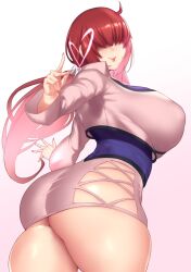 Rule 34 | 1girl, ass, aster crowley, breasts, dress, gluteal fold, heart, highres, hip vent, huge ass, large breasts, lipstick, long hair, makeup, nail polish, ponytail, red hair, shermie (kof), solo, tagme, the king of fighters