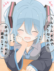 Rule 34 | 1girl, blue hair, blush, closed eyes, collared shirt, detached sleeves, facing viewer, hair ornament, hand on own cheek, hand on own face, hatsune miku, highres, k u y o u, long hair, long sleeves, necktie, open mouth, shirt, sleeveless, sleeveless shirt, smile, solo, table, translation request, twintails, vocaloid