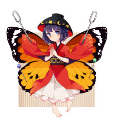 Rule 34 | 1girl, bad id, bad pixiv id, barefoot, blue eyes, blush, border, bowl, bowl hat, bug, butterfly, hat, insect, japanese clothes, kimono, light smile, looking at viewer, mini person, minigirl, monarch butterfly, needle, obi, own hands clasped, own hands together, pin, pin (object), pinned, purple hair, restrained, rice bowl, sash, short hair, size comparison, solo, striped, striped background, sukuna shinmyoumaru, touhou, vertical stripes, wan mame, white border, wide sleeves