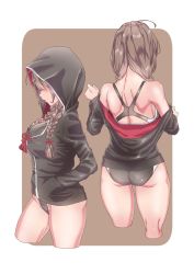 Rule 34 | 1girl, ahoge, ass, attyon, back, bare shoulders, black capelet, braid, breasts, brown hair, capelet, colorized, commentary request, competition swimsuit, cropped legs, from behind, hands in pockets, highres, hood, hood down, hood up, hooded capelet, hooded jacket, jacket, kantai collection, large breasts, long hair, long sleeves, multiple views, one-piece swimsuit, red ribbon, ribbon, shinshuu maru (kancolle), shoulder blades, simple background, swimsuit, swimsuit under clothes, thighs, twin braids, undressing