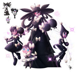 Rule 34 | 1boy, 3girls, absurdres, balloon, black dress, black footwear, black hair, black headwear, black pants, blue eyes, bow, child, colored skin, creatures (company), double bun, dress, dress bow, endifi, evolutionary line, game freak, gen 5 pokemon, gothita, gothitelle, gothorita, hair between eyes, hair bow, hair bun, hair rings, highres, holding, holding microphone, humanization, lipstick, long sleeves, looking at viewer, makeup, microphone, multiple girls, nintendo, pants, pokemon, purple skin, short hair, skirt, standing, teardrop facial mark, twintails, white background, white bow, white skirt