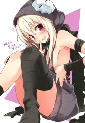 Rule 34 | 1girl, armpits, asymmetrical legwear, bad id, bad twitter id, black jumpsuit, black legwear, blonde hair, cosplay, fate/kaleid liner prisma illya, fate (series), hassan of the cursed arm (fate), hassan of the cursed arm (fate) (cosplay), hood, hoodie, illyasviel von einzbern, jumpsuit, long hair, looking at viewer, open mouth, red eyes, sasahara wakaba, scarf, short jumpsuit, sitting, sleeveless jumpsuit, solo, sweat, torn clothes, torn scarf, translation request, uneven legwear, wakaba (wkbast)