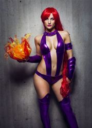 Rule 34 | 1girl, cosplay, dc comics, photo (medium), red hair, solo, standing, starfire, starfire (cosplay), thighhighs, vambraces