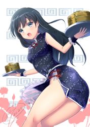 Rule 34 | 1girl, alternate costume, asashio (kancolle), ass, bamboo steamer, black dress, black hair, blue eyes, china dress, chinese clothes, commentary request, cowboy shot, dress, from behind, ittokyu, kantai collection, leaning forward, long hair, looking at viewer, looking back, open mouth, solo, tray