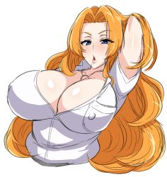 Rule 34 | 1girl, adjusting hair, arm behind head, bleach, blonde hair, blue eyes, breasts, cleavage, covered erect nipples, large breasts, long hair, matsumoto rangiku, mole, mole under mouth, open mouth, simple background, solo, tawashi1623, very long hair, white background