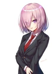 Rule 34 | 1girl, a.t. zero, alternate costume, bad id, bad twitter id, eyebrows, eyes visible through hair, fate/grand order, fate (series), formal, hair over one eye, looking at viewer, mash kyrielight, necktie, pink hair, purple eyes, red necktie, short hair, simple background, smile, solo, suit, twitter username, white background