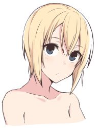 Rule 34 | 1girl, bare shoulders, blonde hair, blue eyes, blush, closed mouth, collarbone, erica hartmann, looking at viewer, momiji7728, short hair, simple background, solo, strike witches, upper body, white background, world witches series