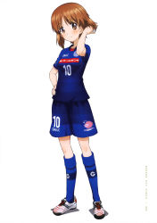 Rule 34 | 10s, 1girl, absurdres, american football uniform, blue shirt, blue shorts, blue socks, blush, brown eyes, brown hair, collarbone, copyright name, full body, girls und panzer, hand in own hair, hand on own hip, highres, kneehighs, looking at viewer, nishizumi miho, official art, page number, print shirt, print shorts, print socks, shirt, shoes, short hair, short sleeves, shorts, simple background, smile, sneakers, socks, solo, sportswear, standing, white background, yoshida nobuyoshi