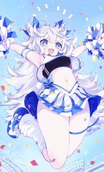 Rule 34 | + +, 1girl, :d, black sports bra, blue bow, blue bowtie, blue eyes, blue ribbon, blue skirt, blush, bowtie, breasts, cheerleader, crop top, day, goddess of victory: nikke, hair ribbon, jumping, kori beta ebi, long hair, midriff, navel, official alternate costume, open mouth, poli (cheer up police) (nikke), poli (nikke), pom pom (cheerleading), ribbon, shoes, short twintails, sidelocks, skirt, small breasts, smile, sneakers, socks, solo, sports bra, thighs, twintails, two-tone skirt, very long hair, wavy hair, white hair, white skirt, white socks