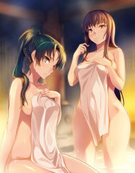 Rule 34 | 2girls, bare shoulders, black hair, blush, breasts, brown eyes, brown hair, collarbone, covering privates, fire emblem, fire emblem: the blazing blade, green eyes, green hair, high ponytail, highres, karla, large breasts, long hair, looking at viewer, lyn (fire emblem), multiple girls, naked towel, nintendo, nude, nude cover, onsen, parted lips, ponytail, sajittari, sidelocks, sitting, standing, towel, wading, wet, wide hips