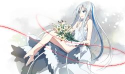 Rule 34 | 1girl, androgynous, bare shoulders, barefoot, blue eyes, blue hair, dress, flower, hair between eyes, highres, lily (flower), long hair, looking away, mikoto kei, open mouth, original, simple background, smile, string, very long hair, white dress, white hair, white lily