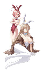 Rule 34 | 2girls, absurdres, ahoge, akane (blue archive), akane (bunny) (blue archive), animal ears, bare legs, black-framed eyewear, blue archive, blue bow, blue bowtie, blush, bow, bowtie, breasts, brown eyes, brown shawl, cleavage, detached collar, fake animal ears, full body, glasses, gloves, halo, highres, huge ahoge, large breasts, leotard, light brown hair, long hair, looking at viewer, mole, mole under each eye, mole under eye, multiple girls, multiple moles, neru (blue archive), neru (bunny) (blue archive), nose blush, official alternate costume, pantyhose, plaid shawl, playboy bunny, rabbit ears, red bow, red bowtie, red leotard, reyalp, shawl, simple background, sitting, small breasts, strapless, strapless leotard, traditional bowtie, white background, white gloves, white leotard, white pantyhose, yokozuwari