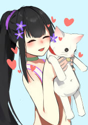 Rule 34 | 1girl, absurdres, afnroll, black hair, blue archive, cat, choker, closed eyes, closed mouth, crop top, flower, green choker, hair flower, hair ornament, highres, light blush, long hair, looking at viewer, midriff, ponytail, purple eyes, simple background, sitting, solo, sports bra, sukimizaki, sumire (blue archive), sweat, titi titi, upper body
