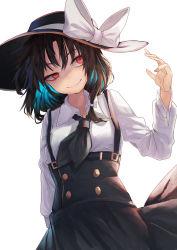 Rule 34 | 1girl, absurdres, arm behind back, arm up, bad id, bad twitter id, black hair, black hat, black skirt, blue hair, blush, bow, breasts, buttons, closed mouth, corset, cowboy shot, dutch angle, eyebrows hidden by hair, fedora, glowing, glowing hair, hair ribbon, hat, hat bow, high-waist skirt, highres, long sleeves, looking to the side, medium hair, multicolored hair, muraryo, necktie, red eyes, ribbon, shirt, sidelocks, simple background, skirt, small breasts, smile, solo, suspender skirt, suspenders, touhou, tress ribbon, uneven eyes, usami renko, white background, white bow, white ribbon, white shirt