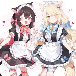 Rule 34 | 2girls, ;d, animal ears, apron, black dress, black hair, blonde hair, breasts, cat ears, cat girl, cat tail, commission, dress, expressionless, fang, frilled dress, frills, highres, holding hands, interlocked fingers, long hair, looking at viewer, maid, maid apron, maid headdress, medium breasts, medium hair, mokyuko, multiple girls, one eye closed, open mouth, original, puffy short sleeves, puffy sleeves, red eyes, short sleeves, skeb commission, small breasts, smile, tail, yellow eyes