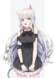 Rule 34 | 1girl, absurdres, animal ears, bad id, bad pixiv id, bare shoulders, black dress, breasts, cat ears, cat girl, cat tail, collarbone, cowboy shot, dress, fang, frilled dress, frills, green eyes, grey background, hair between eyes, has bad revision, has downscaled revision, head tilt, highres, large breasts, long hair, looking at viewer, md5 mismatch, open mouth, original, resolution mismatch, silver hair, sleeveless, sleeveless dress, solo, source smaller, sugar (dndi888), tail, two-tone background, very long hair, white background