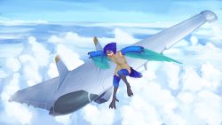 Rule 34 | 1girl, :d, above clouds, absurdres, aircraft, airplane, barefoot, bird tail, blue-tinted eyewear, blue hair, claws, cloud, commentary, commission, english commentary, fewer digits, flying, goggles, grey jacket, harpy, highres, jacket, monster girl, open mouth, original, short hair, smile, solo, spread wings, tail, talons, tinted eyewear, vehicle focus, yoako