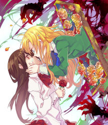 Rule 34 | 2girls, blonde hair, brown hair, claws, curryuku, face-to-face, flower, hands on another&#039;s cheeks, hands on another&#039;s face, ib (ib), ib (kouri), juliet sleeves, long hair, long sleeves, mary (ib), multiple girls, own hands together, painting (object), puffy sleeves, red flower, red rose, rose, shadow, spoilers, tears, upper body, yellow flower, yellow rose, yuri