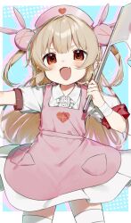Rule 34 | 1girl, apron, armband, blush, dress, fang, flag, hair between eyes, hair ornament, hat, heart, highres, holding, holding flag, light brown hair, long hair, nano (nan0ng), natori sana, nurse, nurse cap, open mouth, pink hat, rabbit hair ornament, red eyes, safety pin, sana channel, short sleeves, solo, sparkle, thighhighs, two side up, virtual youtuber, white dress, white thighhighs