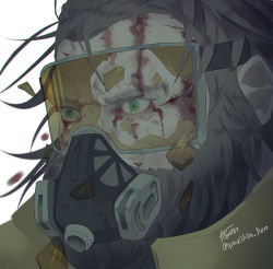 Rule 34 | 1boy, 5-en, apex legends, bad id, bad pixiv id, beard, blood, blood on face, broken goggles, brown hair, caustic (apex legends), facial hair, gas mask, goggles, green eyes, hair behind ear, looking ahead, male focus, mask, mouth mask, realistic, solo, twitter username, white background