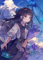 Rule 34 | 1girl, black hair, black ribbon, black skirt, blue eyes, blue flower, blue sky, bottle, bouquet, cassette player, cassette tape, cha goma, cloud, collared shirt, comiket 102, commentary request, earbuds, earphones, flower, hair ribbon, highres, holding, holding bouquet, long hair, long skirt, looking at viewer, open mouth, original, outdoors, ribbon, shirt, skirt, sky, solo, water, white shirt