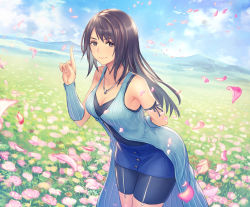Rule 34 | 1girl, absurdres, anbe yoshirou, arm behind back, arm ribbon, bare shoulders, black eyes, black hair, blue skirt, blue sky, breasts, cleavage, detached sleeves, field, final fantasy, final fantasy viii, flower, flower field, highres, huge filesize, index finger raised, jewelry, leaning forward, long hair, looking at viewer, medium breasts, mountainous horizon, multicolored hair, necklace, petals, ribbon, rinoa heartilly, shorts, shorts under skirt, skirt, sky, smile, solo, standing, two-tone hair