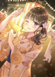 Rule 34 | 3girls, blue eyes, blue nails, blunt bangs, blush, breasts, brown hair, cowboy shot, dot nose, dutch angle, earrings, faceless, faceless female, festival, floral print, flower, hair flower, hair ornament, hand up, highres, japanese clothes, jewelry, kimono, long sleeves, looking at viewer, low ponytail, multiple girls, nail polish, night, obi, one eye closed, open mouth, original, out of frame, outdoors, pechi (peeechika), pink flower, print kimono, raised eyebrows, sash, side ponytail, small breasts, smile, solo focus, string of light bulbs, white kimono, wide sleeves, wispy bangs, yagura (platform), yukata