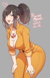 Rule 34 | 1girl, agawa ryou, arm support, black eyes, black hair, bodysuit, breasts, cleavage, curvy, grey background, hands on own thighs, large breasts, looking at viewer, original, smile, smirk, solo, thick thighs, thighs