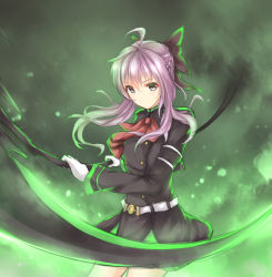 Rule 34 | 10s, 1girl, ahoge, belt, black bow, bow, braid, closed mouth, female focus, gloves, gradient background, hair bow, highres, hiiragi shinoa, holding, holding weapon, long hair, long sleeves, looking at viewer, owari no seraph, purple eyes, purple hair, scythe, smile, solo, weapon, white gloves, wsman