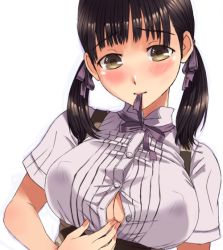 Rule 34 | 1girl, bad id, bad pixiv id, black hair, blush, breasts, brown eyes, brown hair, cleavage, cleavage reach, covered erect nipples, hair ribbon, honoji, izura mashiro, large breasts, looking at viewer, low twintails, mashiro (honoji), milkhall moo uniform, mouth hold, naughty face, no bra, original, paizuri invitation, presenting, ribbon, short sleeves, simple background, solo, twintails, unbuttoned, underbust, white background
