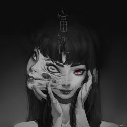 Rule 34 | 1girl, bare shoulders, black background, blunt bangs, body horror, closed mouth, commentary, english commentary, eyelashes, fingernails, greyscale, guro, hand on own cheek, hand on own face, hands in hair, horror (theme), junji ito (series), kawakami tomie, lips, long hair, looking at viewer, mixed-language commentary, mole, mole under eye, monochrome, monster girl, multiple heads, parted lips, portrait, red eyes, sanpaku, smile, solo, split theme, spot color, tomie, vocky
