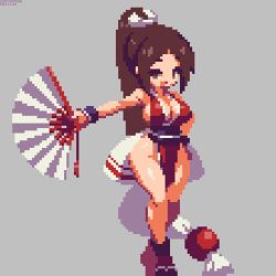Rule 34 | 1girl, bare legs, breasts, breasts day, brown eyes, brown hair, fatal fury, folding fan, hand fan, high ponytail, holding, holding fan, large breasts, long hair, looking at viewer, ninja, no bra, no panties, pixel art, revealing clothes, ribbon, rope, sakuemon, shiranui mai, smile, snk, solo, swept bangs, the king of fighters, thick thighs, thighs, white ribbon, white rope, wide hips