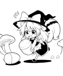 Rule 34 | 1girl, :3, animal ears, apron, braid, commentary request, full body, futa (nabezoko), greyscale, hair ribbon, hat, hat ribbon, highres, kirisame marisa, long sleeves, monochrome, mushroom, notice lines, nut, ribbon, running, shadow, shoes, skirt, socks, squirrel ears, squirrel tail, tail, teeth, touhou, walnut, white background, witch hat