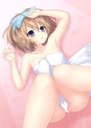 Rule 34 | 1girl, ass, bare legs, blanc (neptunia), blue eyes, breasts, brown hair, collarbone, covering privates, embarrassed, from above, highres, katade, looking at viewer, lying, navel, neptune (series), nude, nude cover, on back, open mouth, short hair, small breasts, towel, wet