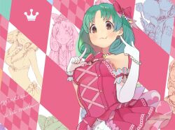 Rule 34 | 1girl, :t, argyle, argyle background, asymmetrical gloves, bare shoulders, blush, bow, bowtie, bracelet, breasts, brown eyes, curly hair, dress, elbow gloves, gloves, green hair, hair bow, hair ribbon, hands up, idolmaster, idolmaster million live!, idolmaster million live! theater days, index finger raised, jewelry, looking at viewer, medium breasts, multiple views, nopiii, parted bangs, pearl bracelet, red background, red bow, red bowtie, red dress, red ribbon, ribbon, short hair, single elbow glove, single glove, smile, solo, tokugawa matsuri, uneven gloves, white gloves