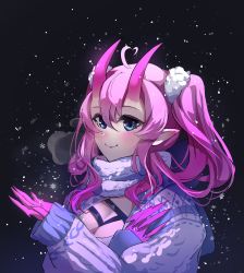 Rule 34 | 1girl, blue eyes, blush, breasts, demon girl, demon horns, highres, horns, indie virtual youtuber, meltyrice, outstretched hand, pale skin, pink hair, pointy ears, scarf, snow, snowflakes, snowing, solo, syndar, virtual youtuber