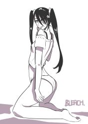 Rule 34 | 1girl, arrancar, artist request, ass, barefoot, black hair, bleach, breasts, curvy, female focus, highres, loly aivirrne, long hair, looking at viewer, looking back, monochrome, panties, small breasts, solo, tongue, tongue out, twintails, underwear