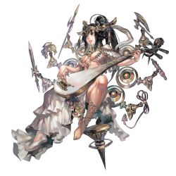 Rule 34 | 1girl, anklet, asymmetrical clothes, axe, barefoot, black legwear, dagger, durga, full body, headdress, highres, holding, holding instrument, instrument, jewelry, knife, long hair, parted lips, ponytail, ring, shoes, simple background, single shoe, solo, weapon, whip, white background