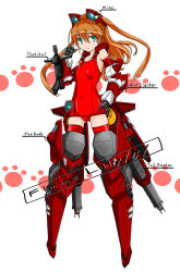 Rule 34 | 1girl, animal ears, annotated, arm cannon, bare shoulders, cat ears, densou tenshi valforce, elbow gloves, english text, flat chest, full body, gloves, green eyes, hand on own hip, karukan (monjya), kemonomimi mode, long hair, mecha musume, misawa elena, one-piece swimsuit, orange hair, red one-piece swimsuit, red thighhighs, school swimsuit, solo, swimsuit, thighhighs, thrusters, two side up, weapon
