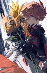 Rule 34 | 1boy, arm up, black gloves, blue eyes, closed mouth, coat, commentary, crystal, dutch angle, fingers to mouth, flower, fur-trimmed coat, fur trim, genshin impact, gloves, highres, jacket, leaf, light smile, looking at viewer, orange hair, red shirt, serious, shaded face, shirt, snow, snowing, solo, standing, sword, tartaglia (genshin impact), upper body, weapon, white jacket, winter, winter clothes, youliangzhi