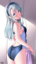 Rule 34 | 1girl, alternate costume, ass, asymmetrical bangs, blue hairband, blue one-piece swimsuit, blush, breasts, competition swimsuit, cowboy shot, dated, from behind, hair over shoulder, hairband, highres, holding, holding towel, indoors, kantai collection, long hair, looking at viewer, one-piece swimsuit, purple eyes, sagiri (kancolle), signature, silver hair, small breasts, solo, swept bangs, swimsuit, thighs, towel, tsuchimiya