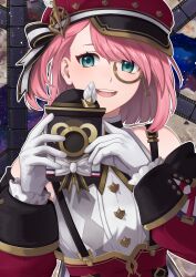 Rule 34 | 1girl, bare shoulders, camera, charlotte (genshin impact), commentary, detached sleeves, english commentary, genshin impact, gloves, green eyes, highres, holding, holding camera, hypnavoid, monocle, open mouth, pink hair, red headwear, red sleeves, smile, solo, suspenders, teeth, upper body, upper teeth only, white gloves