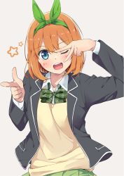 Rule 34 | 1girl, ;d, arm up, black jacket, blazer, blue eyes, blush, collared shirt, commentary request, go-toubun no hanayome, green ribbon, green skirt, hair ribbon, highres, jacket, kei (0497), long sleeves, looking at viewer, nakano yotsuba, one eye closed, open clothes, open jacket, open mouth, orange hair, pointing, pointing at viewer, ribbon, round teeth, school uniform, shirt, short hair, simple background, skirt, smile, solo, star (symbol), sweater vest, teeth, upper body, upper teeth only, v over eye, white background, white shirt