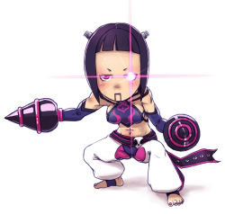 Rule 34 | 1girl, bad id, bad pixiv id, baggy pants, barefoot, belt, black hair, bracelet, capcom, detached sleeves, drill, drill hair, elbow gloves, fingerless gloves, full body, gloves, glowing, glowing eye, halterneck, han juri, jewelry, midriff, nucomas, pants, purple eyes, simple background, solo, spiked bracelet, spikes, street fighter, street fighter iv (series), toes, twin drills, twintails, white background