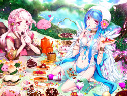 Rule 34 | 2girls, :3, angel wings, angeling, bangle, baozi, barefoot, bell, berry, bikini, bikini bottom only, blouse, blue bikini, blue bow, blue hair, bow, bra, bracelet, braid, braided hair rings, brown dress, cake, candy, candy cane, checkerboard cookie, cherry, chocolate, chocolate cake, commentary request, cookie, crown braid, cup, dress, drinking, drinking straw, eating, feathers, flower, food, fruit, full body, gingerbread man, grass, hair bell, hair ornament, hair rings, halo, heart-shaped cake, heart-shaped food, high heels, hmf (hydrangea), holding, holding food, honey, jewelry, jingle bell, licking, licking finger, long hair, long sleeves, longevity peach bun, looking at viewer, lying, mug, multiple girls, on stomach, open mouth, orange (fruit), pancake, parted lips, peach, picnic, pink eyes, pink flower, pink hair, pink ribbon, pond, poring, ragnarok online, ribbon, sandals, shirt, sitting, slime (creature), soul linker (ragnarok online), spore (ragnarok online), strawberry, swimsuit, syrup, tassel, tassel hair ornament, teapot, tiered tray, tray, underwear, unworn footwear, unworn sandals, very long hair, wanderer (ragnarok online), wariza, white bra, white headwear, white shirt, white wings, wings, yellow flower, yule log (cake)