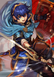 Rule 34 | 1boy, black gloves, blue cape, blue eyes, blue hair, blue jacket, brown pants, cape, fingerless gloves, fire emblem, fire emblem heroes, gloves, hairband, holding, holding shield, holding sword, holding weapon, hungry clicker, incoming attack, jacket, looking at viewer, male focus, marth (fire emblem), nintendo, open mouth, pants, shield, short hair, solo, sword, weapon