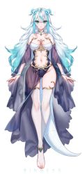 Rule 34 | 1girl, anklet, blue eyes, blue hair, blue leotard, breasts, bridal gauntlets, bridal legwear, closed mouth, clothing cutout, dragon horns, dragon tail, full body, hair between eyes, highres, horns, jewelry, large breasts, leotard, long hair, looking at viewer, midriff, multicolored hair, navel, no shoes, original, pointy ears, ringeko-chan, see-through, see-through sleeves, silver hair, solo, stomach cutout, tail, thighhighs, toes, two-tone hair, very long hair, white thighhighs
